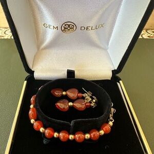 Gem Delux Red Beaded Bracelet & Earrings Set – Gold Accents – Brand New in Box